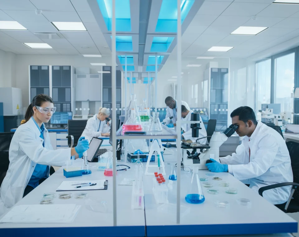 modern-medical-research-laboratory-diverse-team-scientists-working-using-microscope-analysing-biochemicals-samples-scientific-lab-medicine-microbiology-development-advanced-equipment